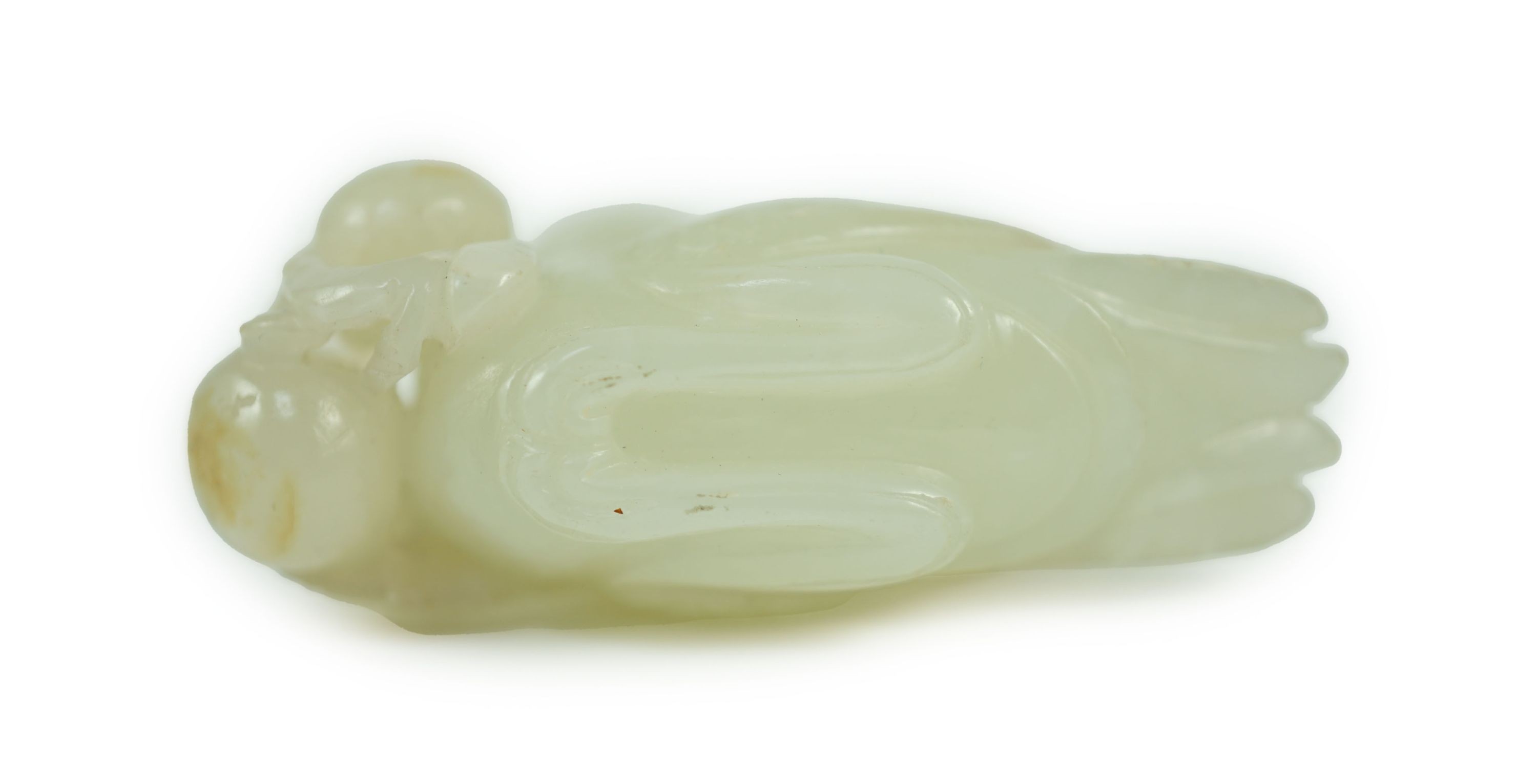 A Chinese pale celadon jade figure of a bird grasping a fruit sprig, 18th/19th century, 5.1 cm long